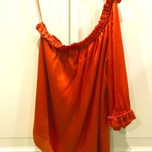 Silk, coral, one shoulder Milly blouse. Size 6.
